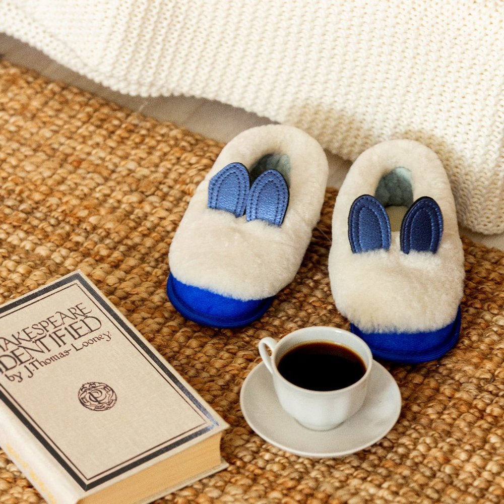 Merino sheepskin slippers "Blue bunny ears "